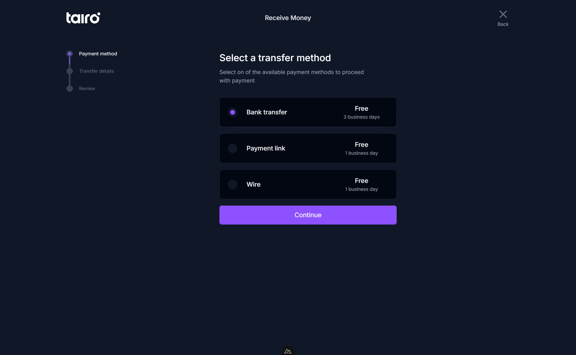Tairo - Receive - Step 1